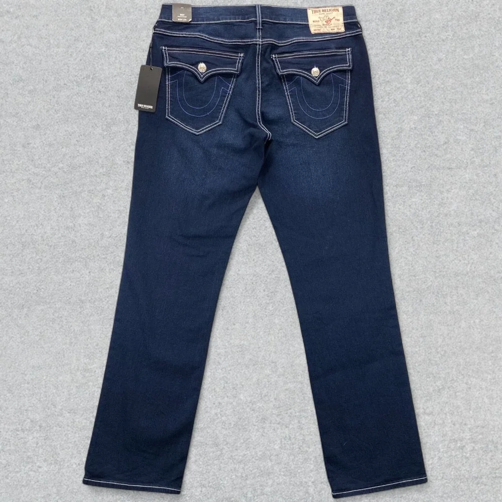 NEW True Religion Jeans Mens 34x34 Blue Denim Ricky Flap Distressed Straight Leg
